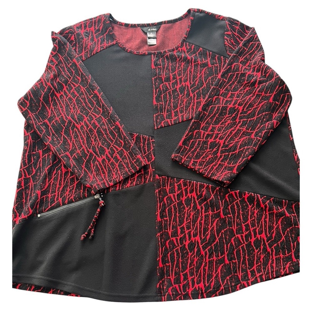 Ali‎ Miles Red Black Abstract Crackle Colorblock Tunic Top Zipper Detail Plus 2X